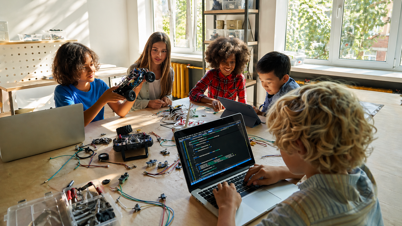 Students collaborating on robotics and coding projects in a bright modern lab